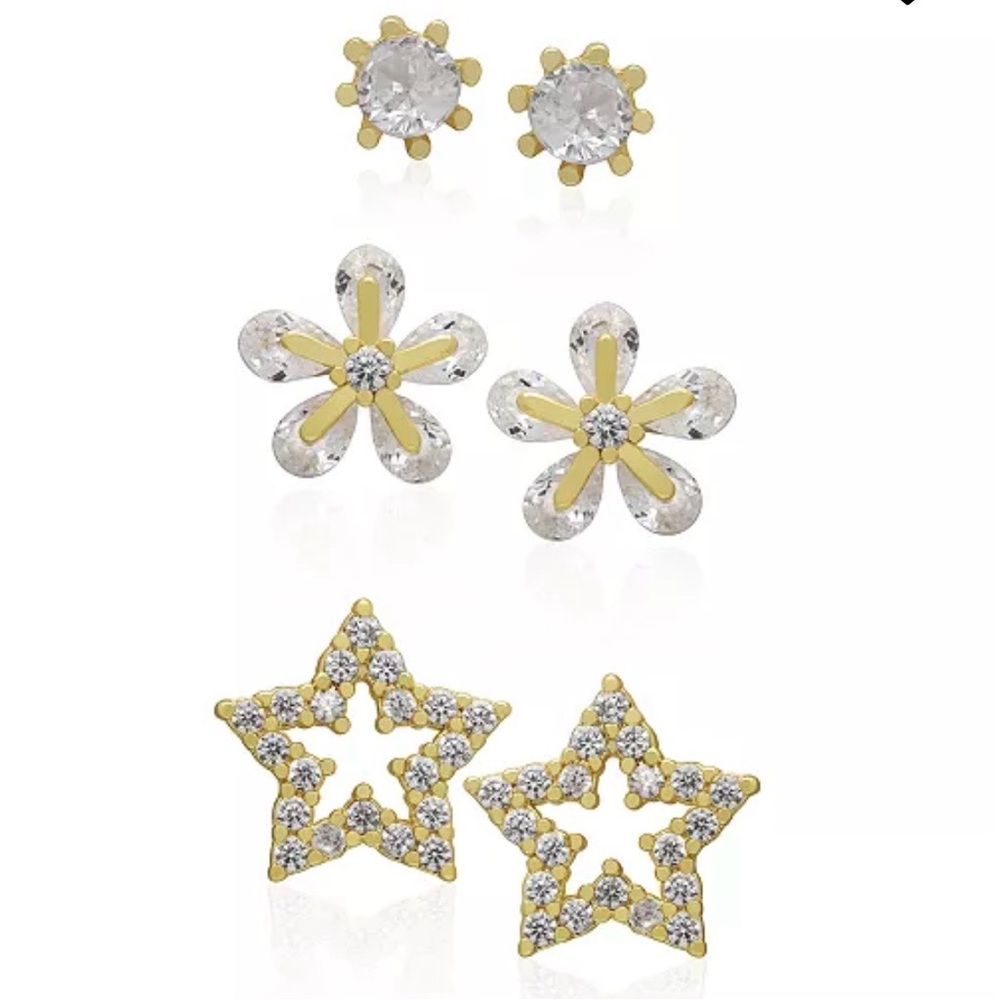 3 Piece Cubic Zirconia Flower and Star Stud Earrings Set